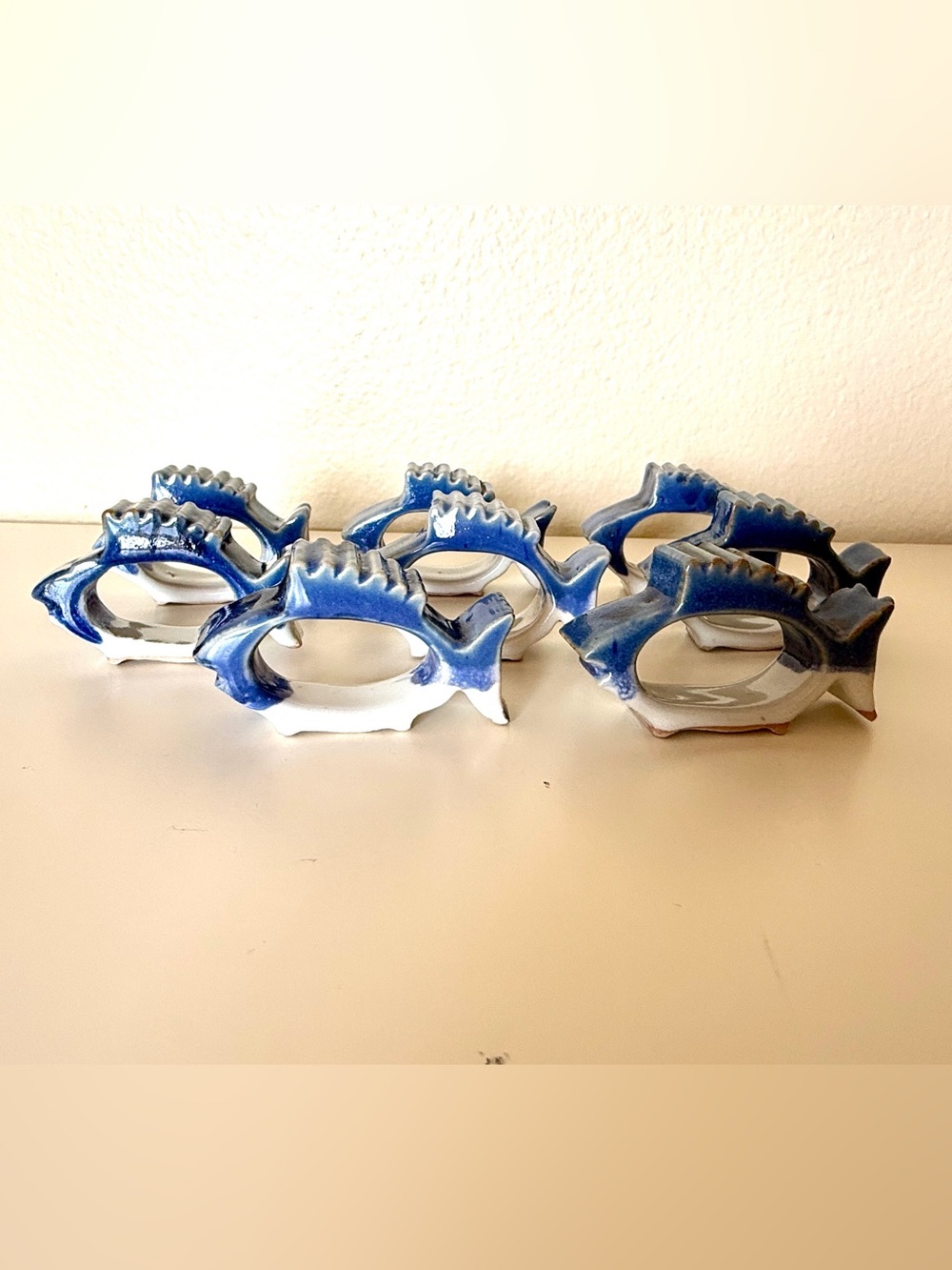 Vintage Blue White Ceramic Fish Napkin Rings Set of 8 Coastal Nautical Decor